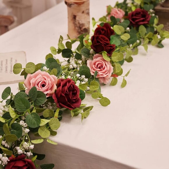 5.91FT Artificial Eucalyptus Garland with Roses and Gypsophila, Faux Floral Garl - Picture 4 of 7